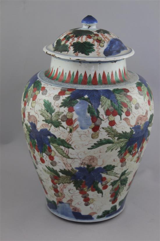 A Chinese wucai ovoid jar and cover, late 17th century, 37.5cm